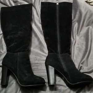 Black Faux Suede Knee High Stacked Heel Boots